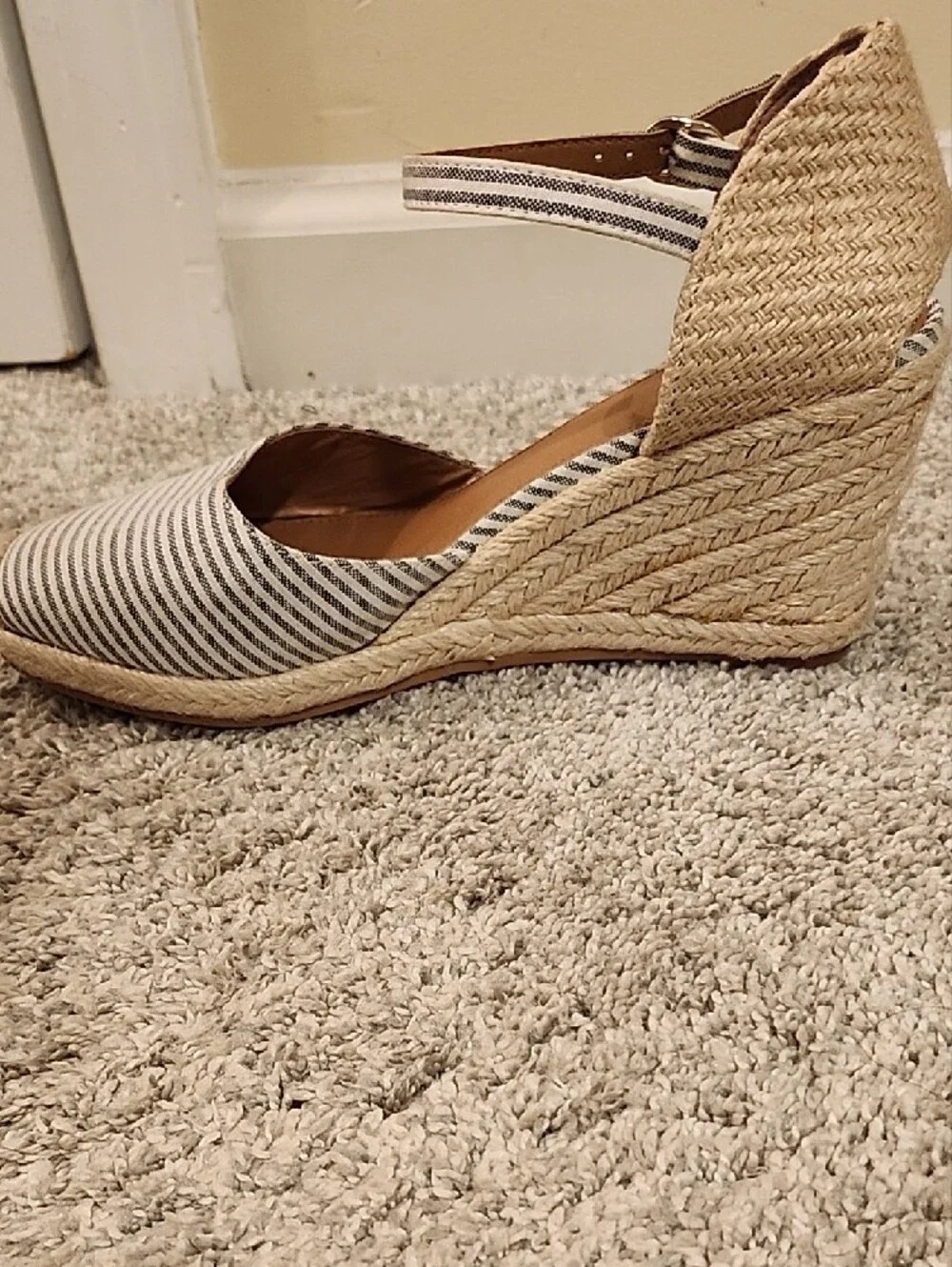 H&M Striped Espadrille Wedge Sandals in Beige and Denim Blue